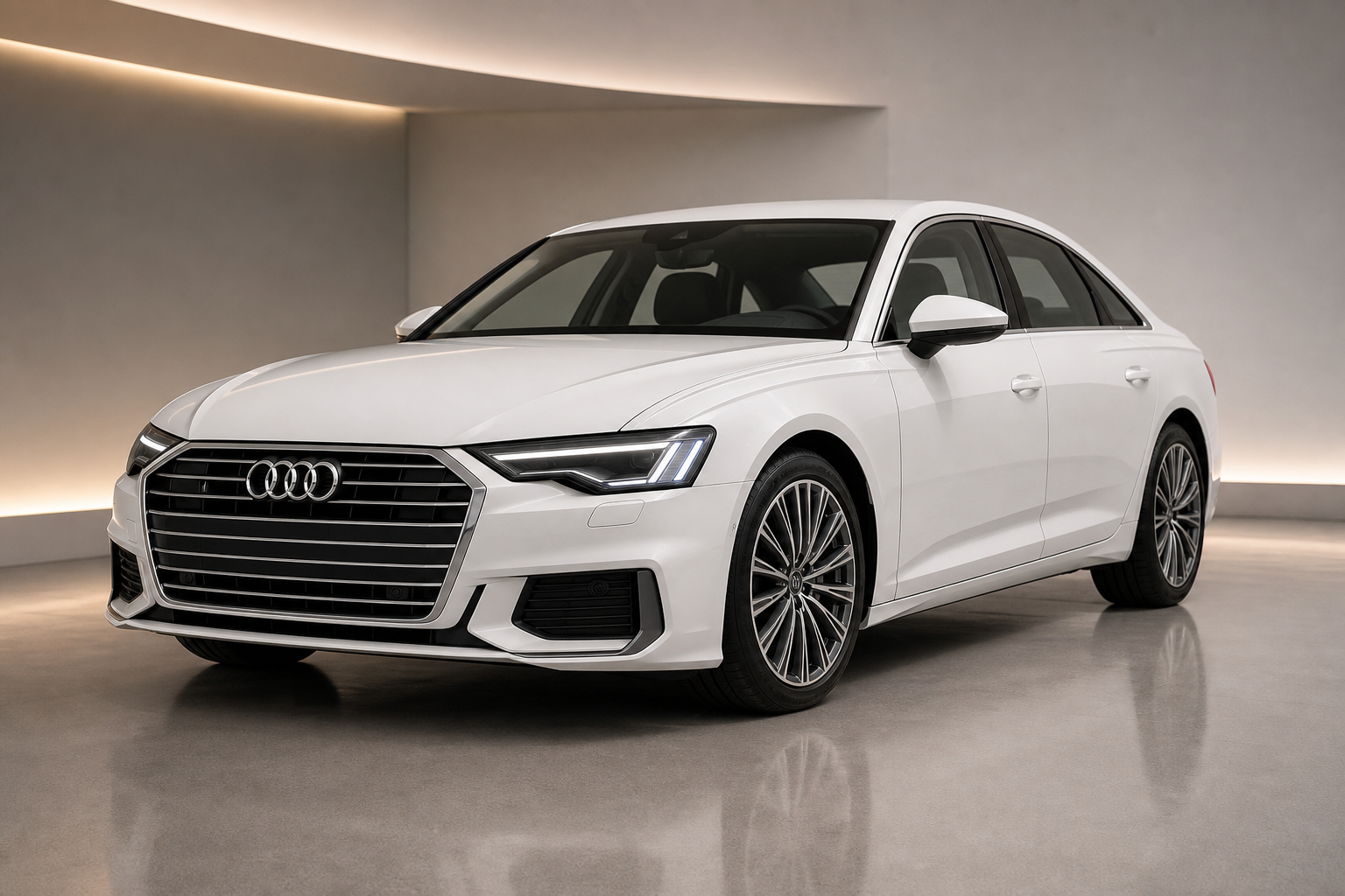 Audi A6 in pearl white, modern premium sedan front angle