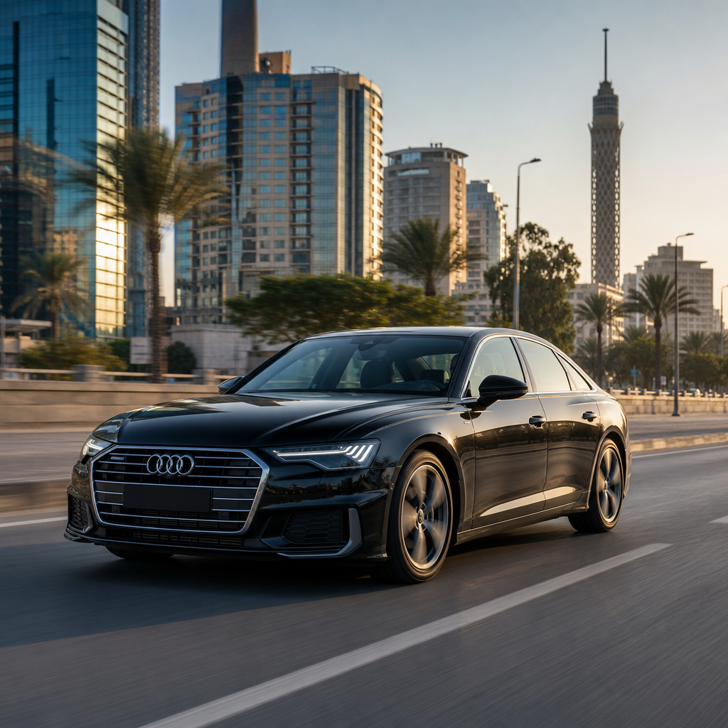 Black Audi A6 sedan driving along a city boulevard