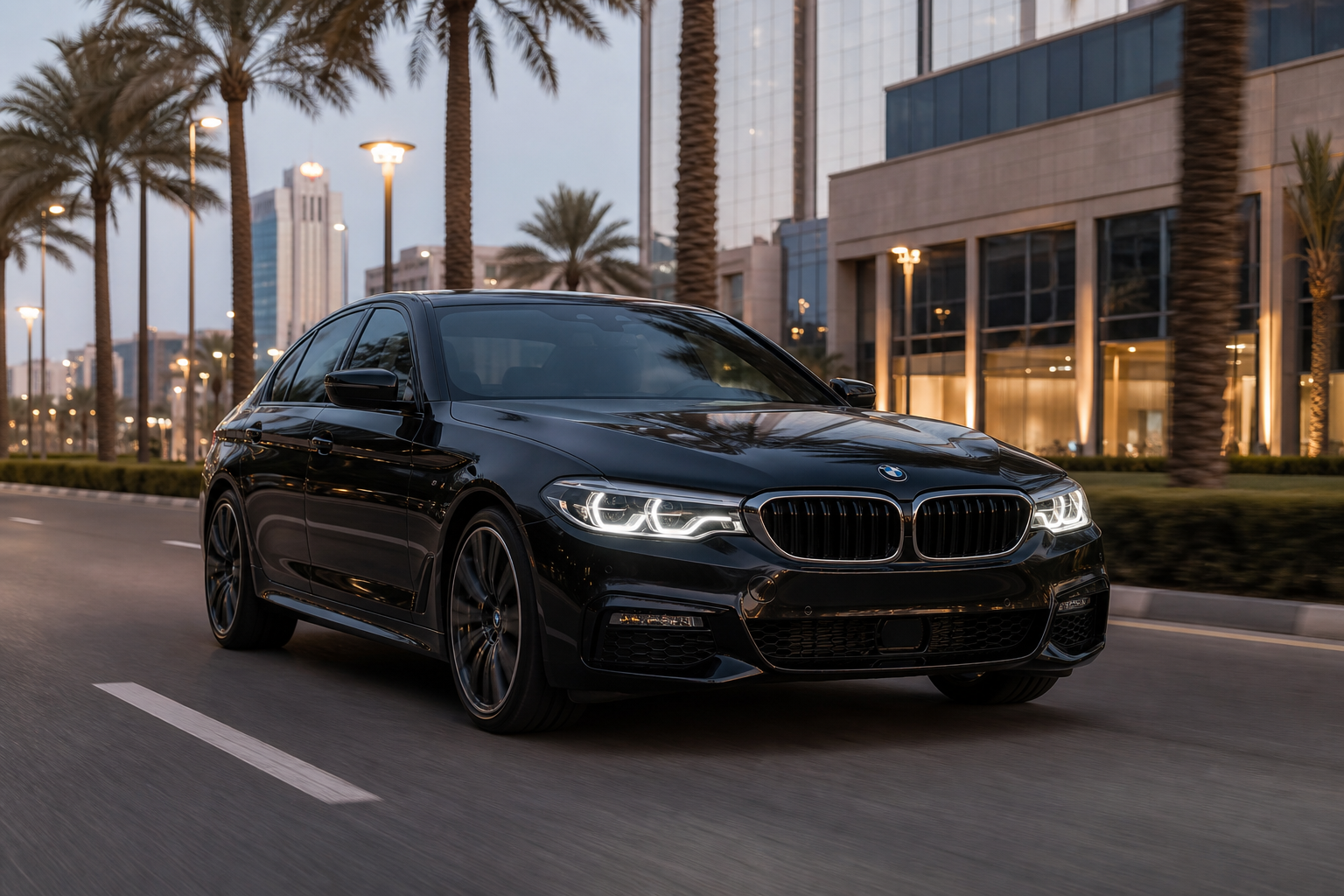 Black BMW 5 Series sedan on a city boulevard with palm trees