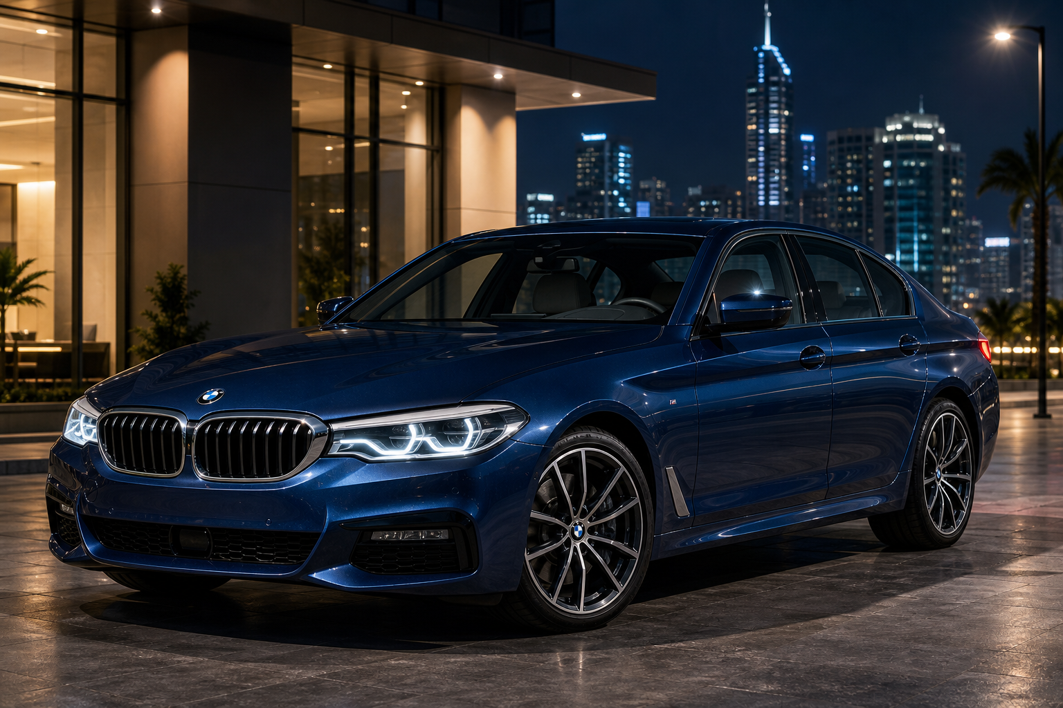 BMW 5 Series in deep blue metallic with sport wheels