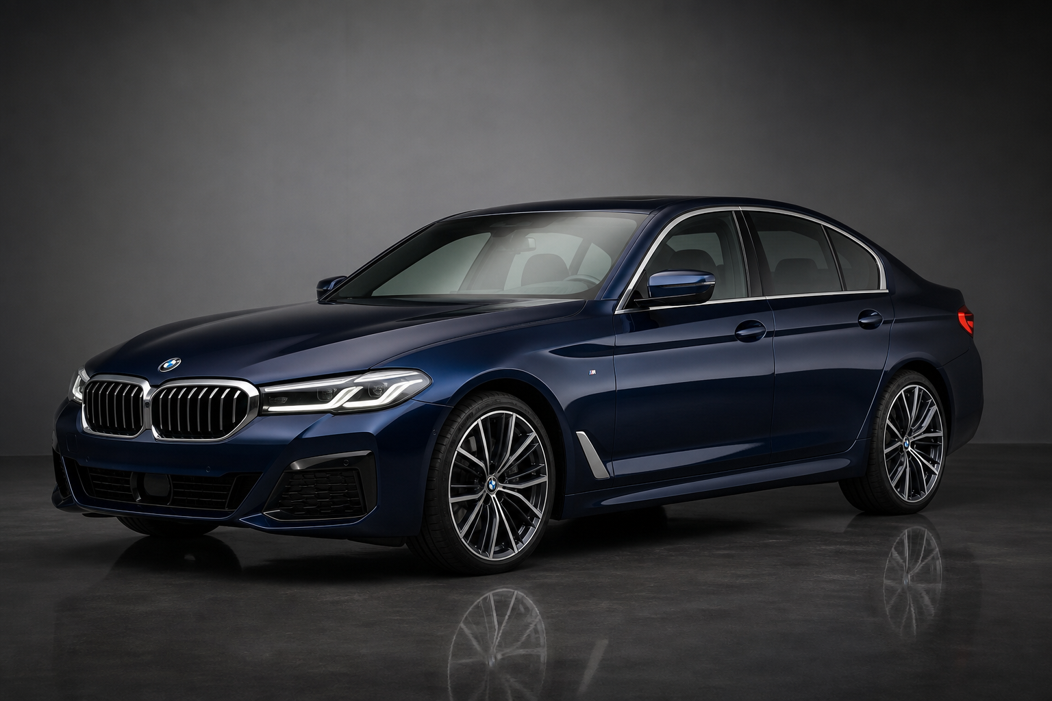 BMW 5 Series in deep midnight blue, sleek luxury sedan profile