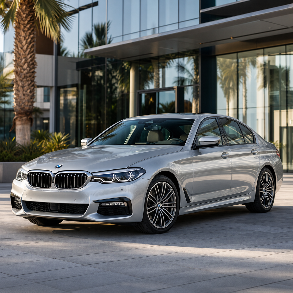 Silver BMW 5 Series sedan parked in front of a modern glass building