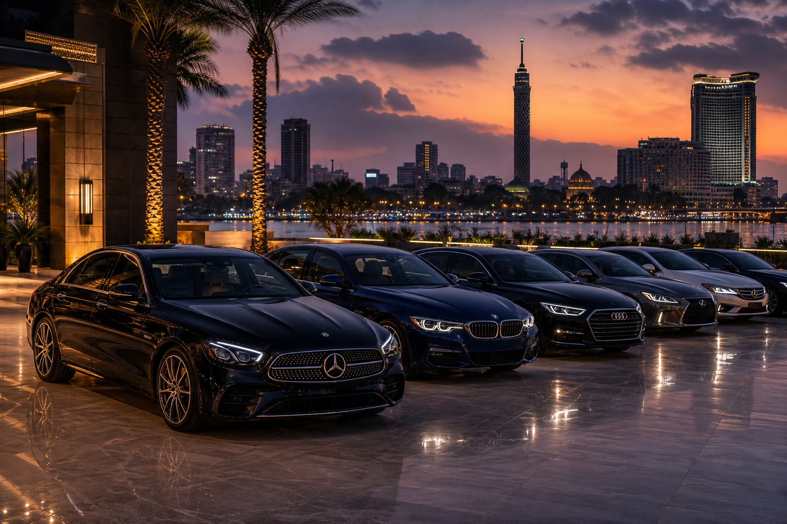 Luxury sedan fleet beside Cairo city skyline at dusk with warm lights