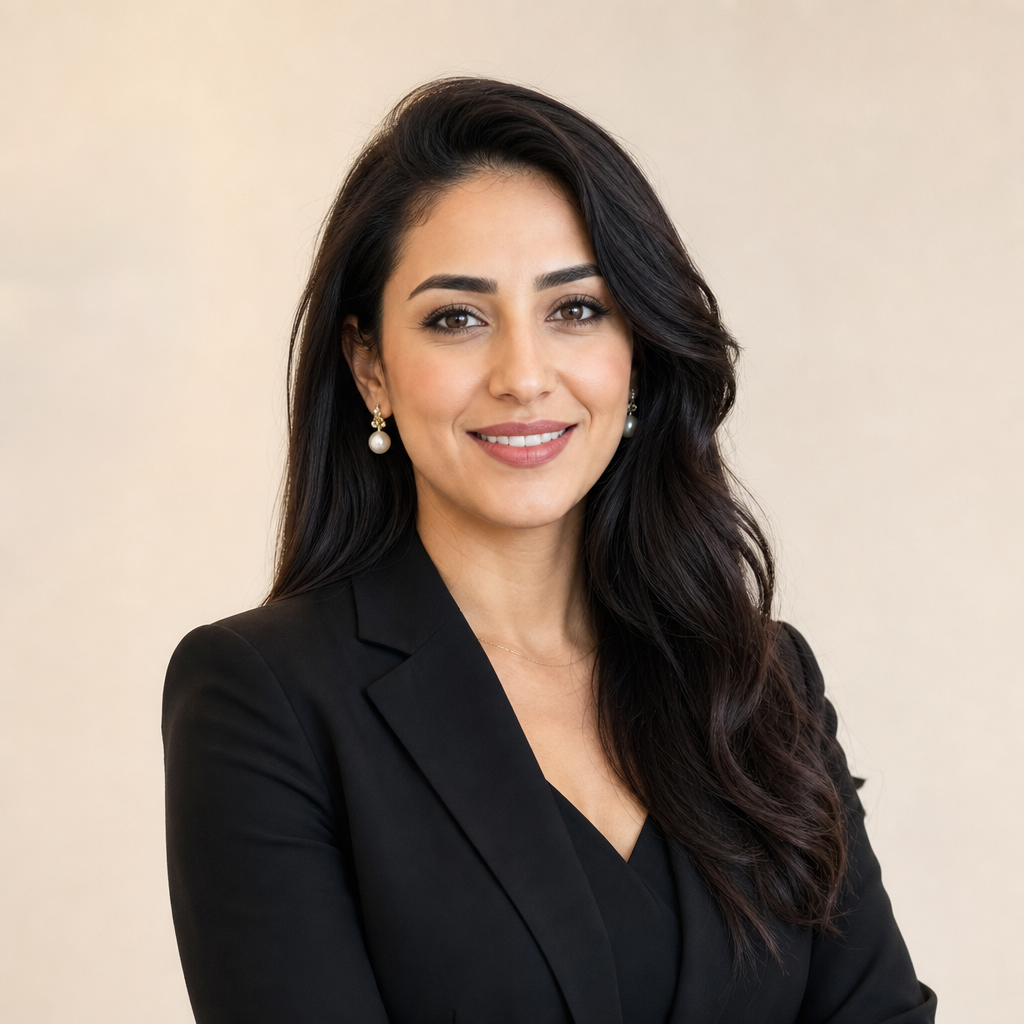 Portrait of the Customer Experience Lead with long dark hair, pearl earrings, and a polished black blazer