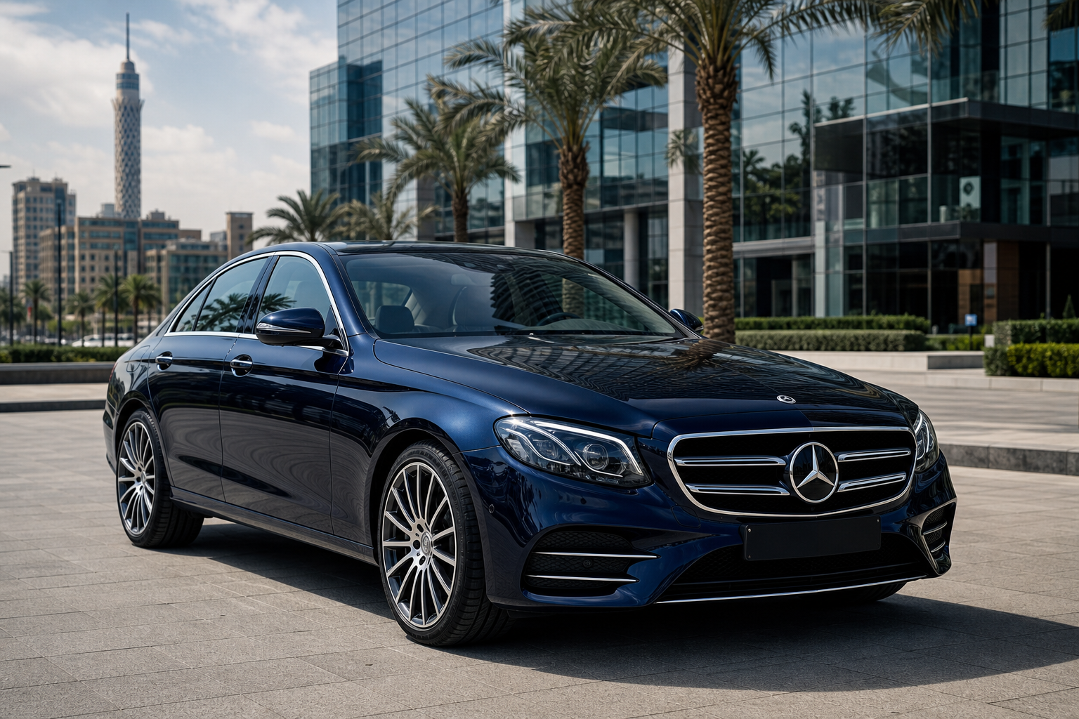 Front three-quarter view of a dark blue Mercedes-Benz E-Class sedan parked in a modern city setting