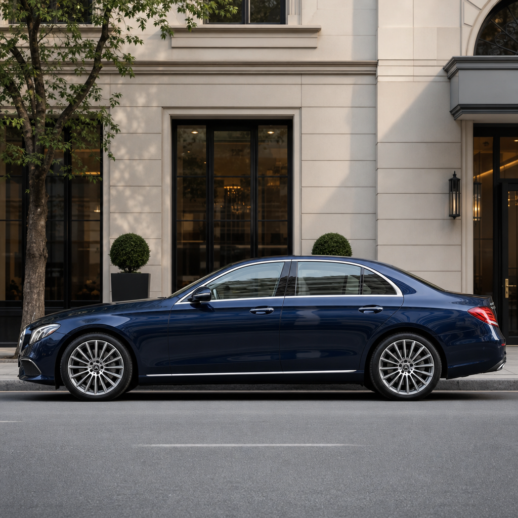 Side profile of a dark blue Mercedes-Benz E-Class with chrome trim under soft daylight