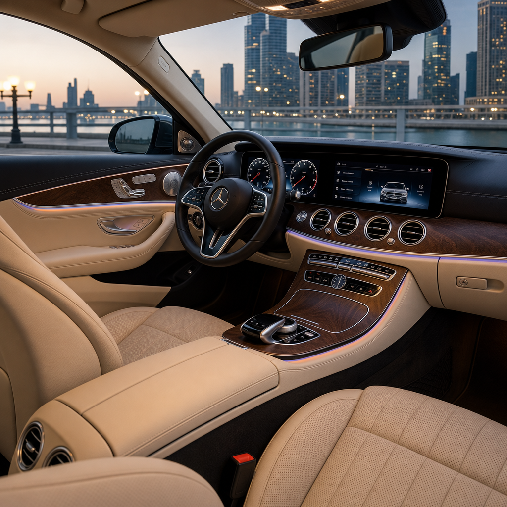 Interior view of a Mercedes-Benz E-Class showcasing leather seats and ambient lighting