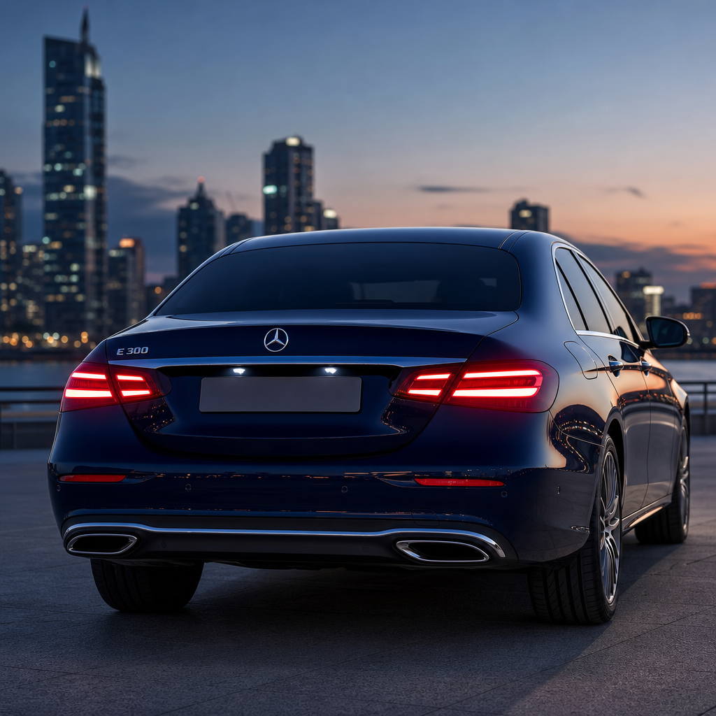 Rear view of a Mercedes-Benz E-Class with illuminated taillights at dusk