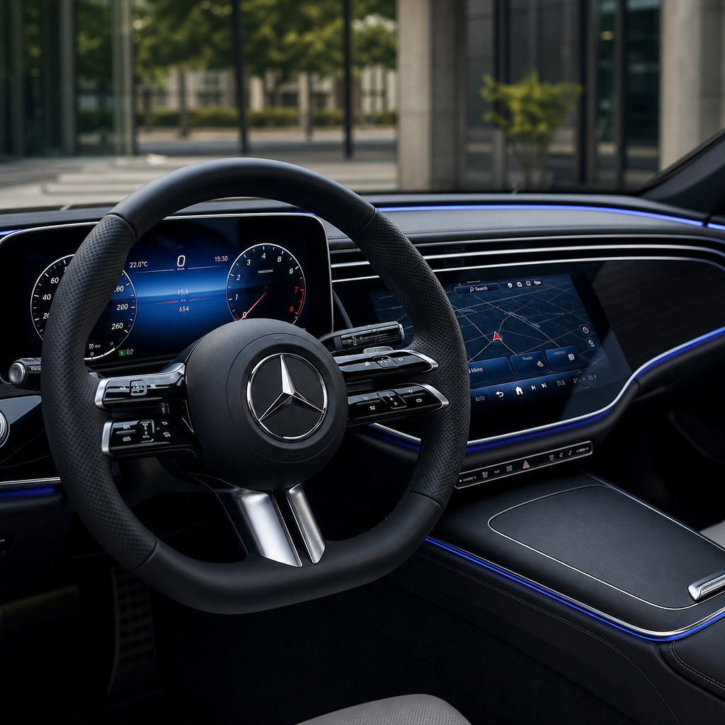Dashboard close-up of a Mercedes-Benz E-Class with digital cockpit screens