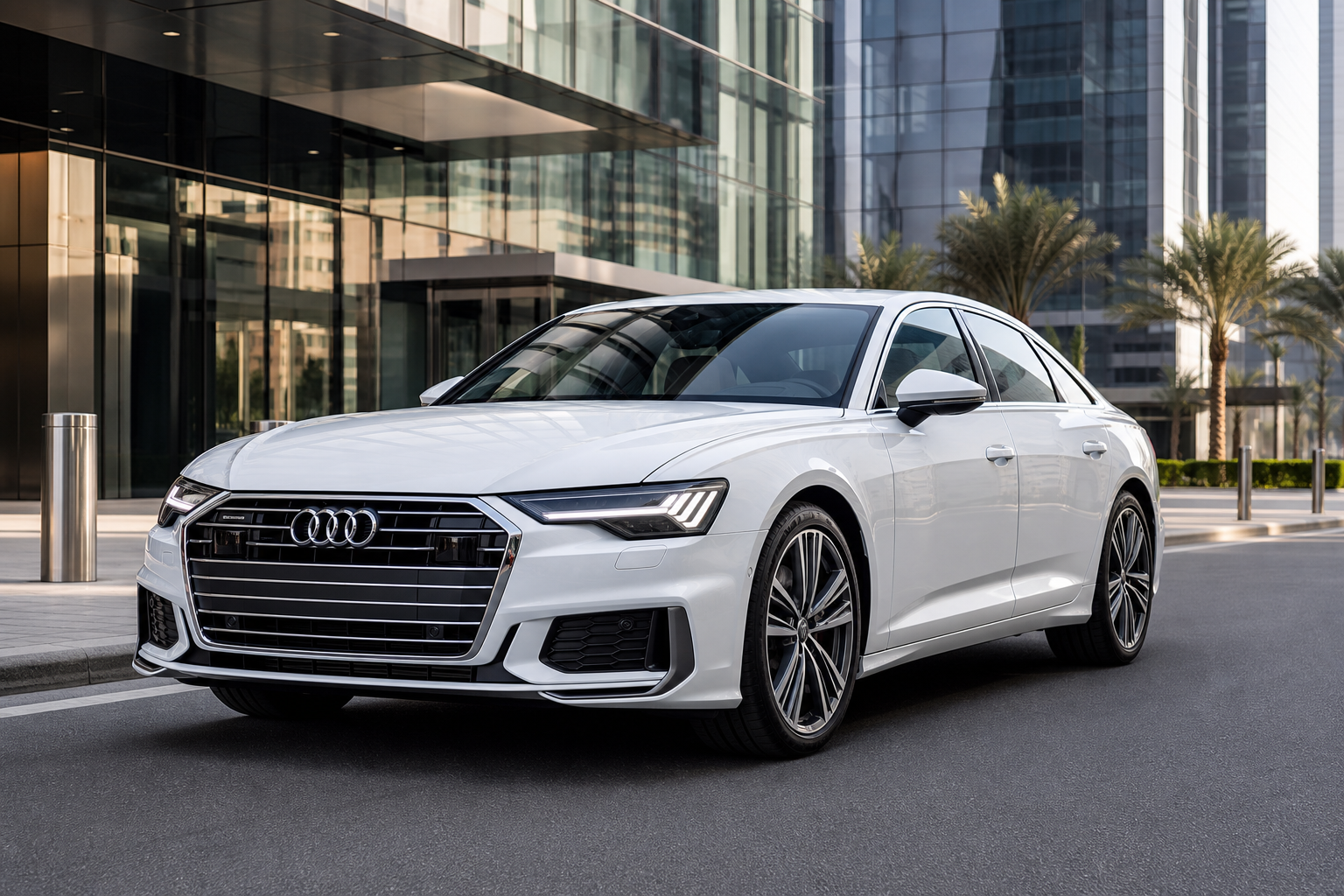 White Audi A6 premium sedan in a modern business district