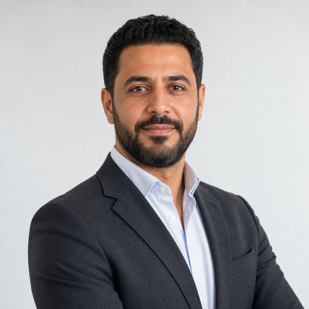 Portrait of the Fleet Manager wearing a charcoal blazer, close-cropped beard, and confident expression
