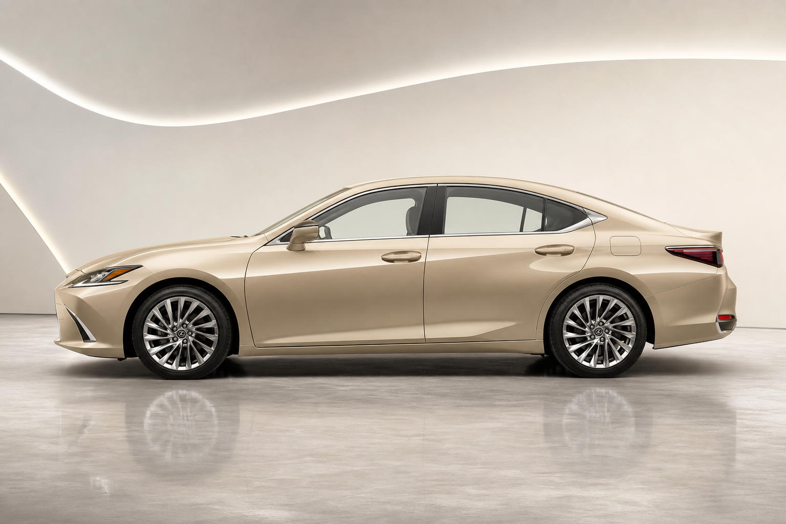 Lexus ES in champagne gold, elegant mid-size sedan side view