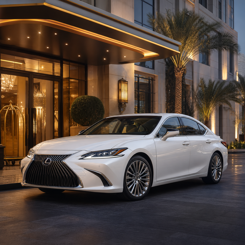 Pearl white Lexus ES sedan parked near a luxury hotel entrance