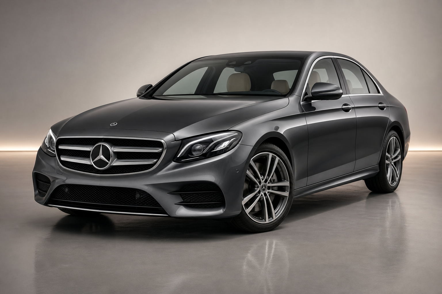 Mercedes-Benz E-Class in metallic graphite gray, studio-lit premium sedan