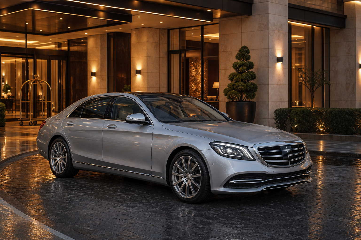 Silver Mercedes-Benz S-Class sedan parked in a modern hotel driveway at dusk