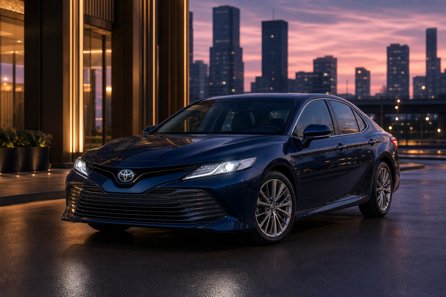 Deep blue Toyota Camry mid-range sedan photographed at dusk