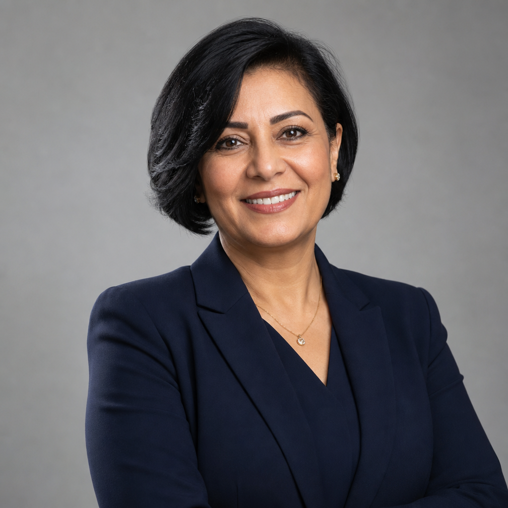 Portrait of the Operations Director in a navy suit with a warm smile, short black hair, and a refined professional look