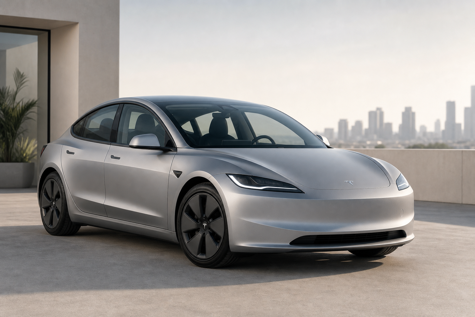 Tesla Model 3 in matte silver with panoramic glass roof