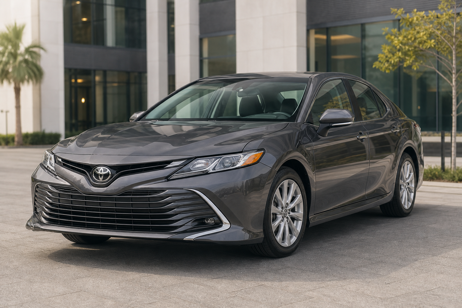 Toyota Camry in graphite gray with chrome grille