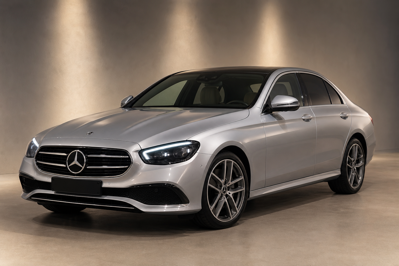 Silver Mercedes-Benz E-Class sedan parked under soft studio lighting