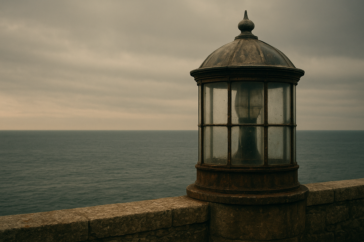 Archival coastal detail showing a weathered lighthouse lantern room above stone walls at dusk