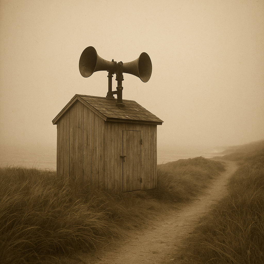 Fog-signal shed with twin horn fittings beside a low cliff path near the lighthouse grounds