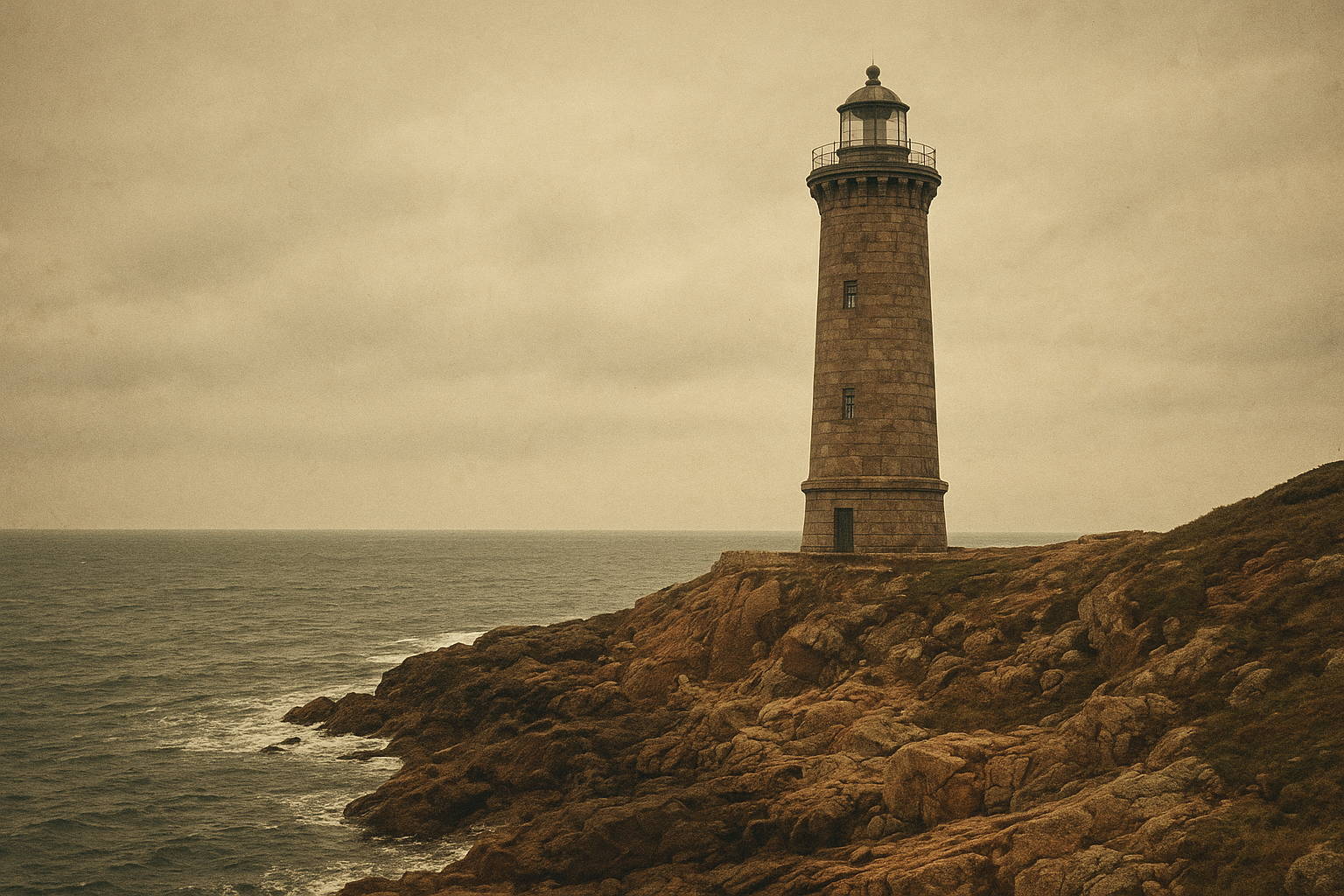 Large archival photograph of a granite lighthouse on a rugged headland above dark tidal water