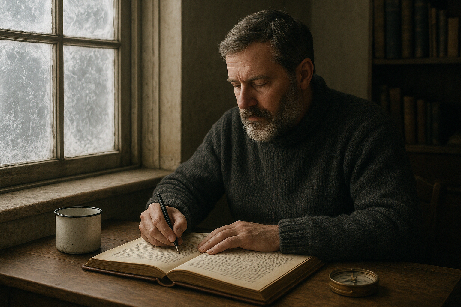 Middle-aged lighthouse keeper with a salt-and-pepper beard writing in a leather-bound logbook near a frost-covered window