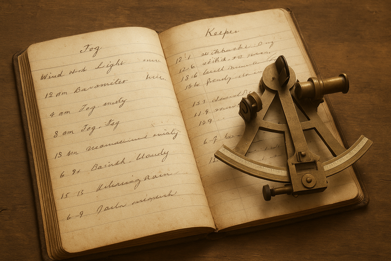 Open handwritten logbook on wooden desk with sextant and weather notes from lighthouse watch