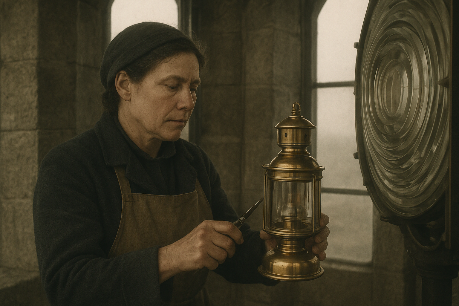 Weathered lighthouse keeper in a dark wool coat trimming a brass lantern inside a stone tower room