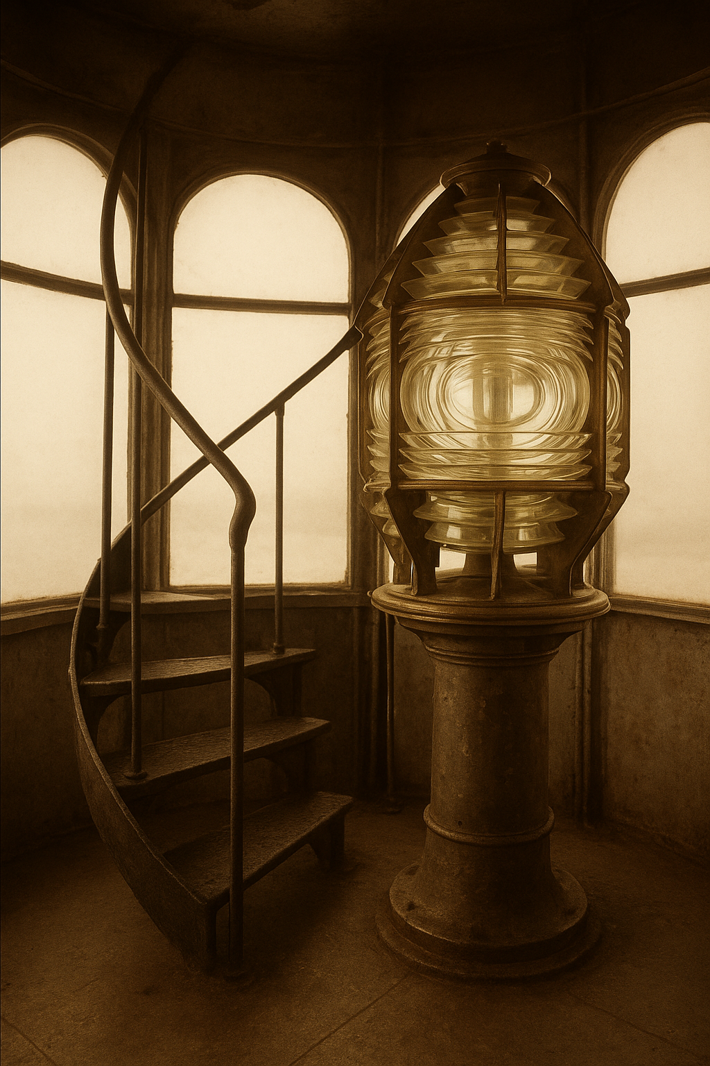 Archival interior photograph of a lantern room with brass optics and narrow iron stair