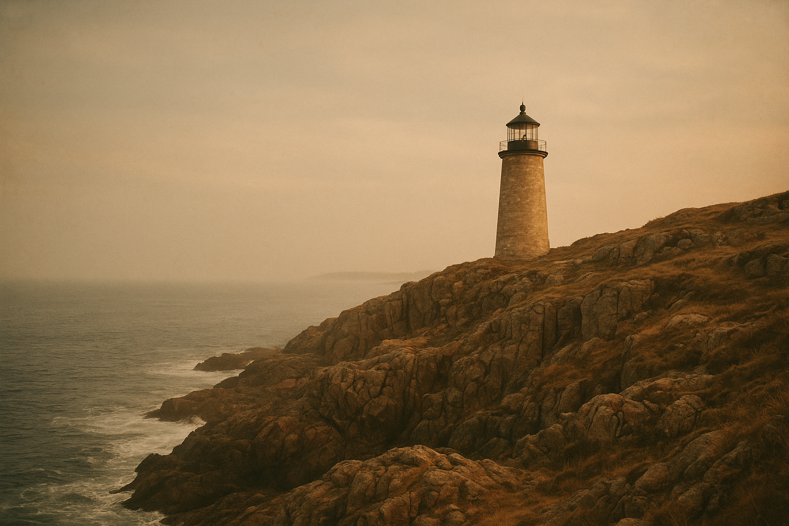 Wide northern coastline at dusk with a stone lighthouse on rugged cliffs, warm film-like tones, sea haze, and weathered shoreline textures