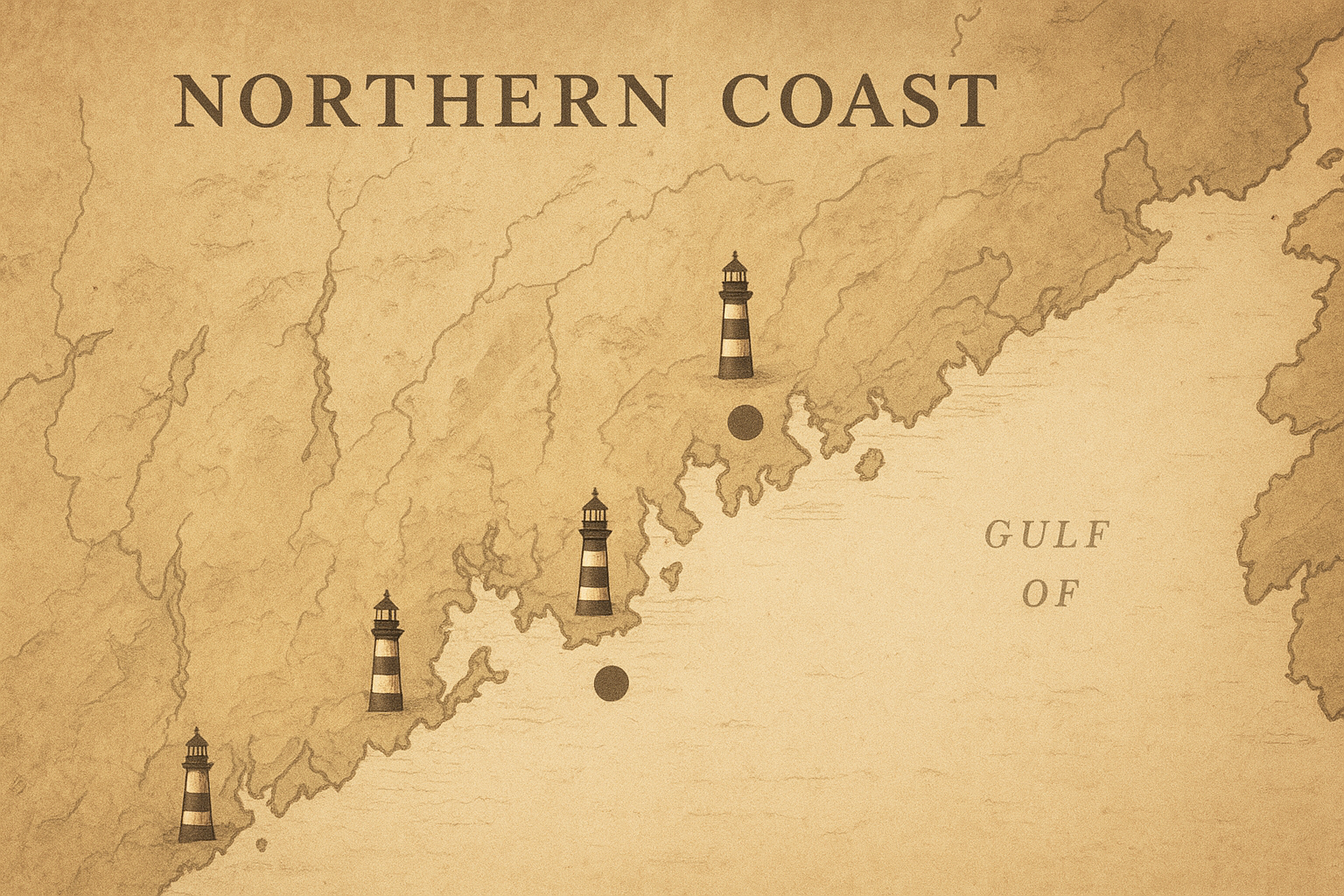 Illustrated northern coastline map with preserved lighthouse points, in warm archival tones with shoreline contours and harbor labels