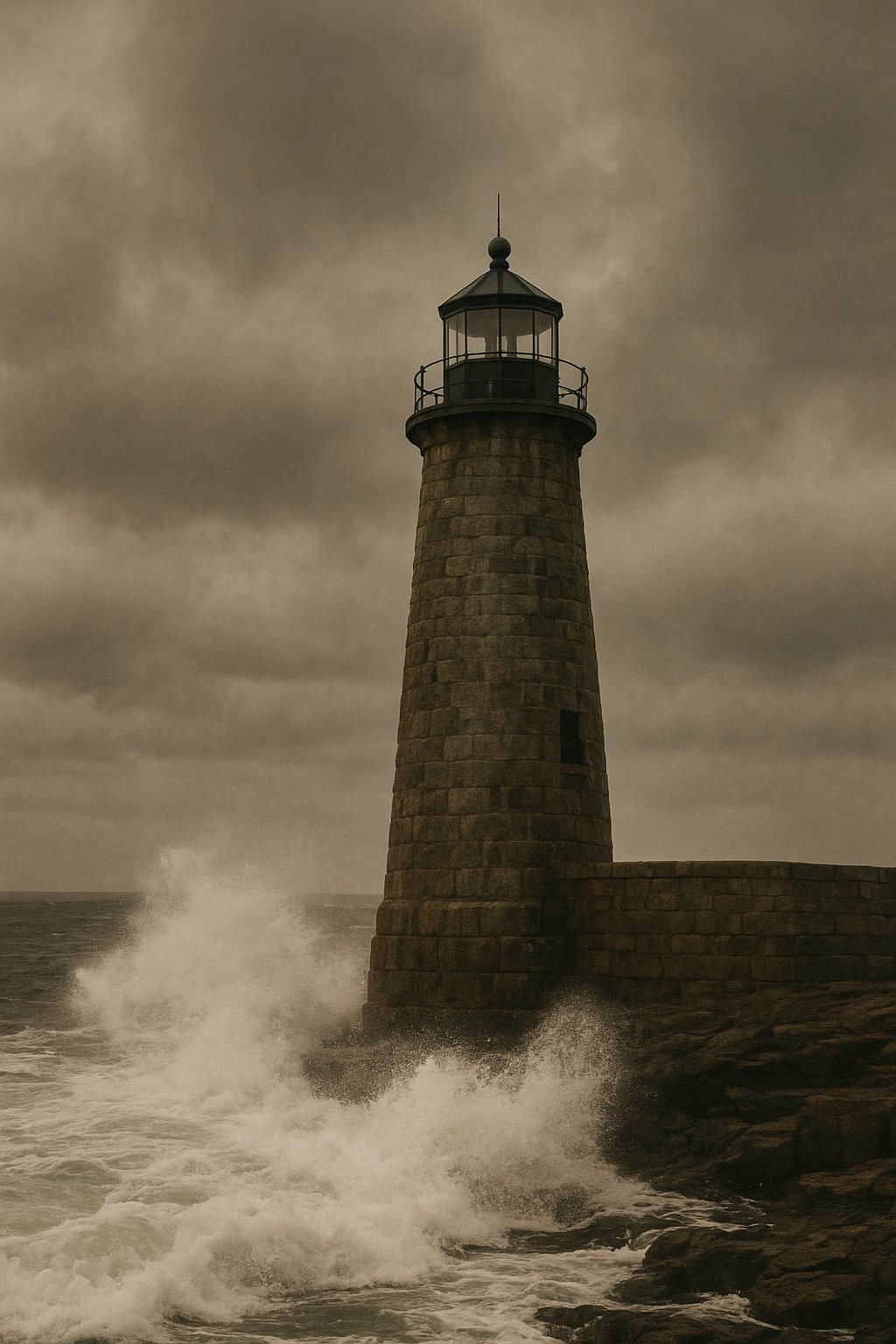 Weathered lighthouse tower with storm-dark sky and wave spray across the stone base