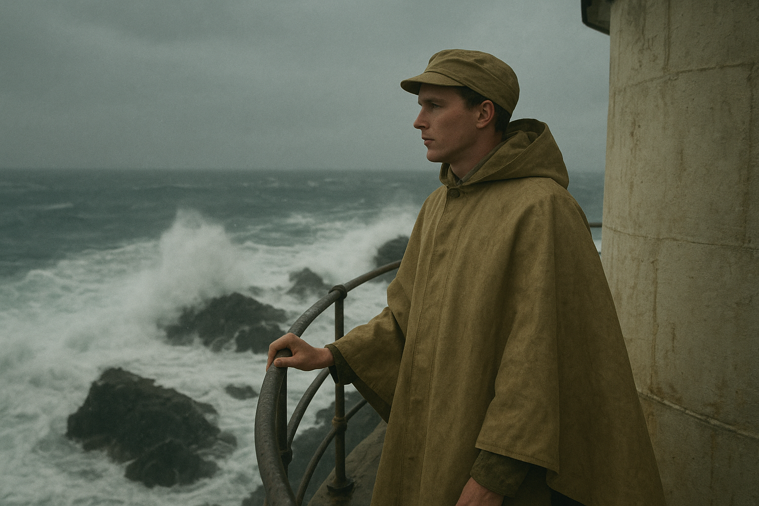 Young assistant keeper in a canvas rain cape standing on a narrow gallery as heavy surf strikes black rocks below