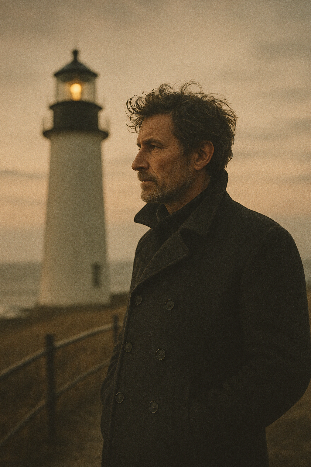 Portrait-style archival photograph of a lighthouse keeper in heavy wool coat at dusk near railing