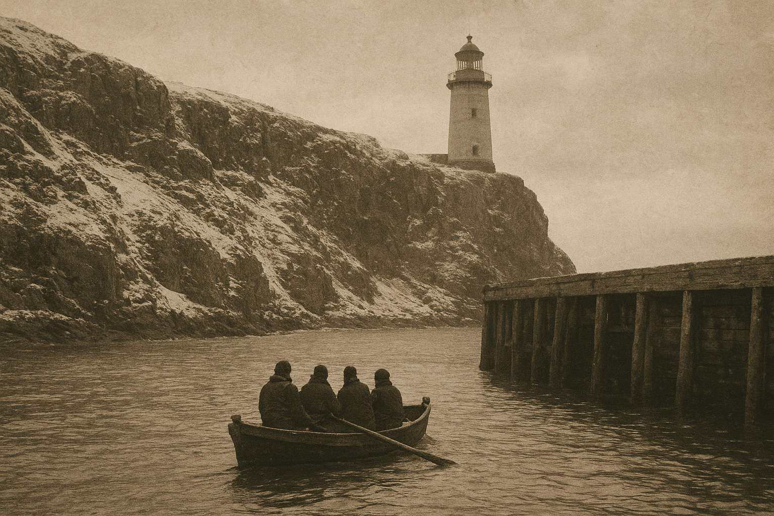 Historic supply boat approaching a small pier below the lighthouse during cold overcast weather