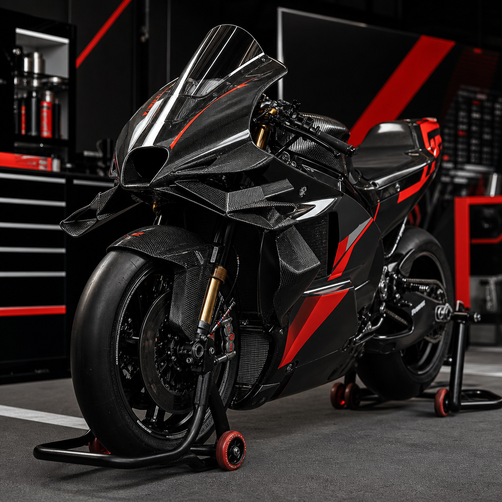 MotoGP bike on a stand with visible carbon fiber aero wings in the garage