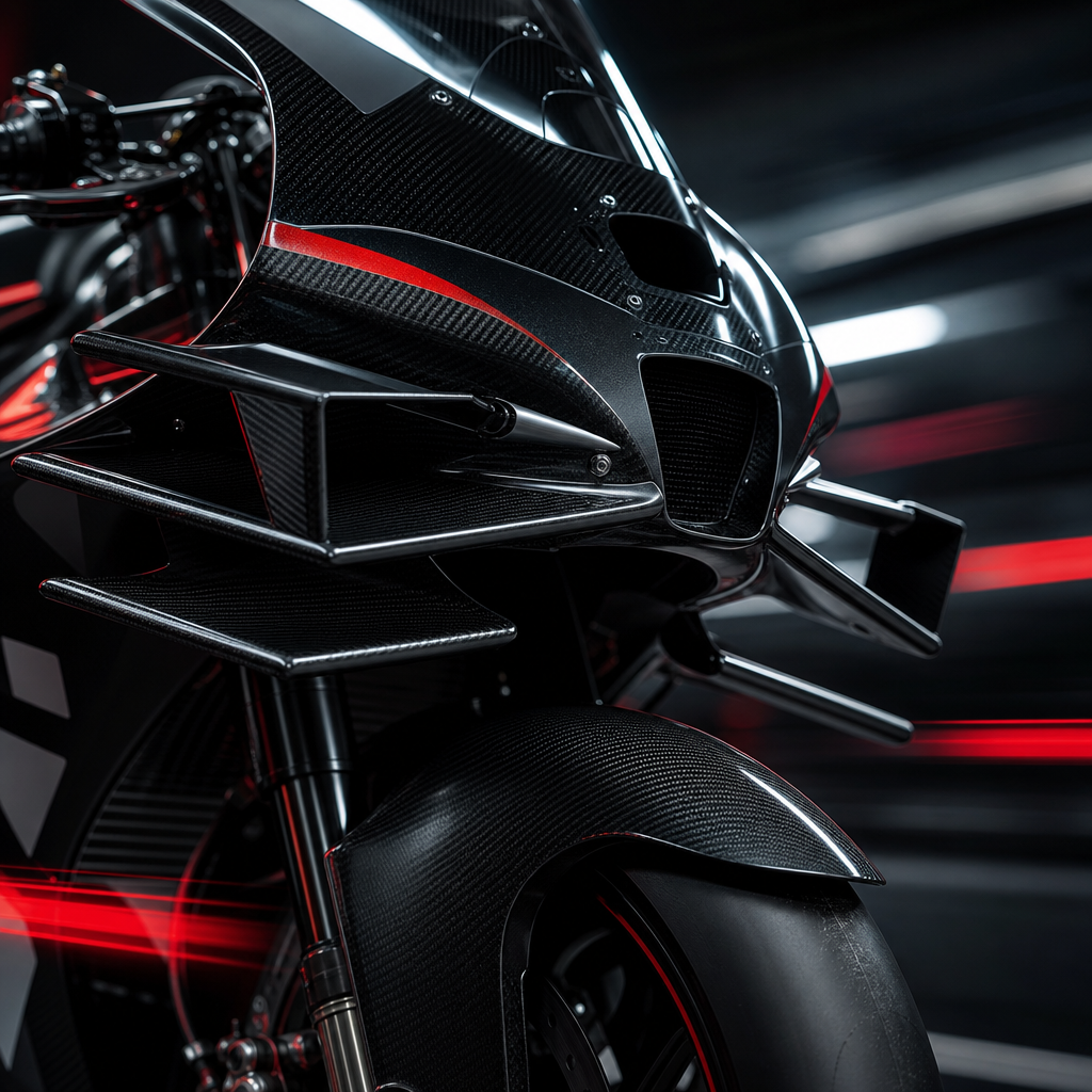 Close-up of MotoGP front fairing showing layered aerodynamic winglets in motion