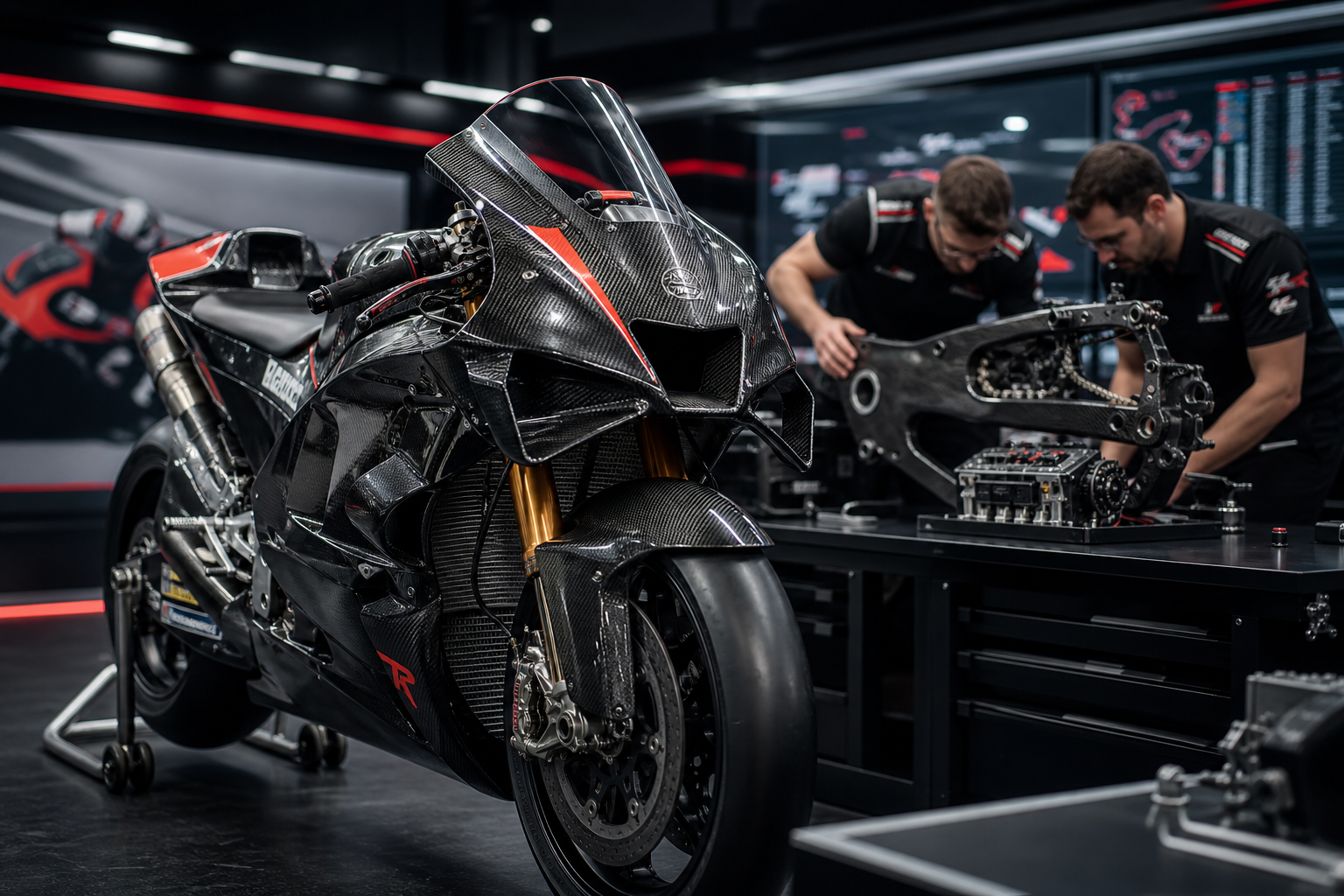 Factory MotoGP prototype on a development stand with engineers inspecting carbon fiber swingarm and electronics