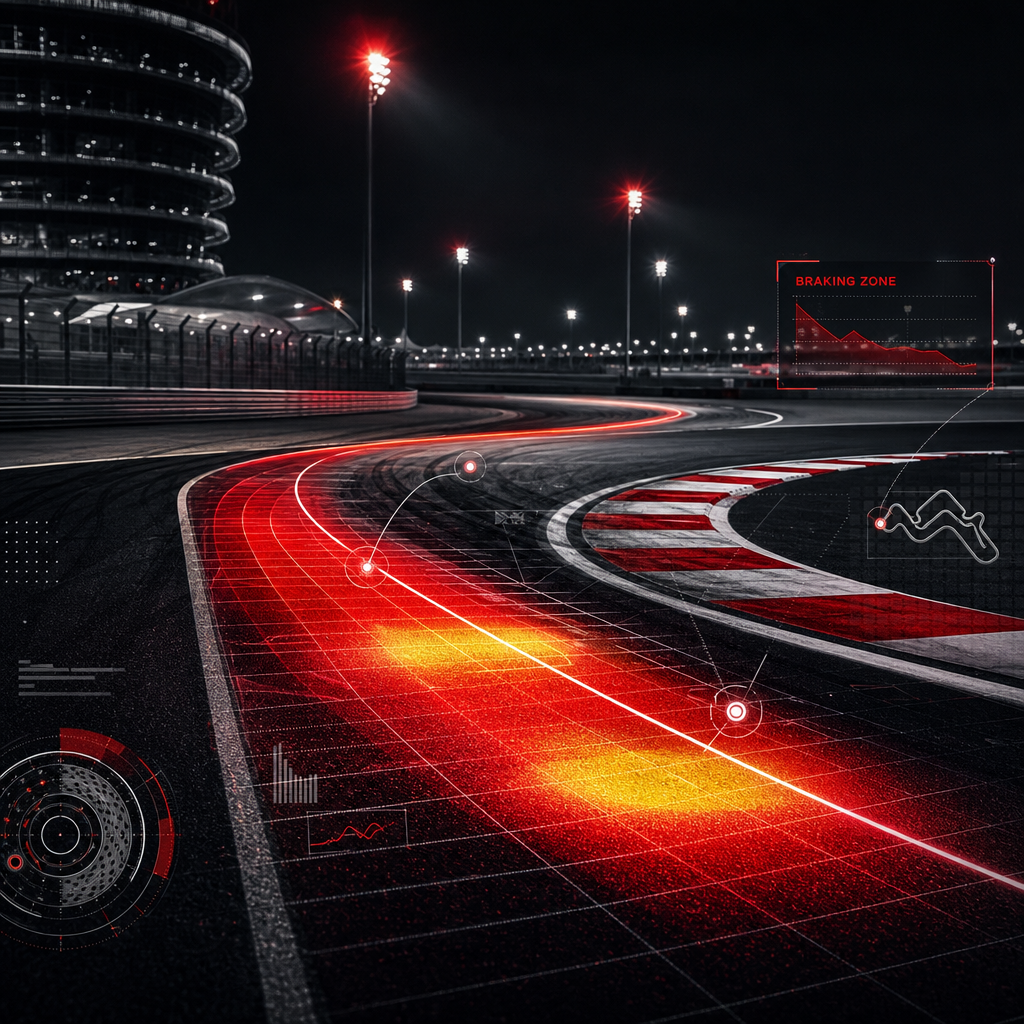Night race track with highlighted braking zones and heat-map overlays