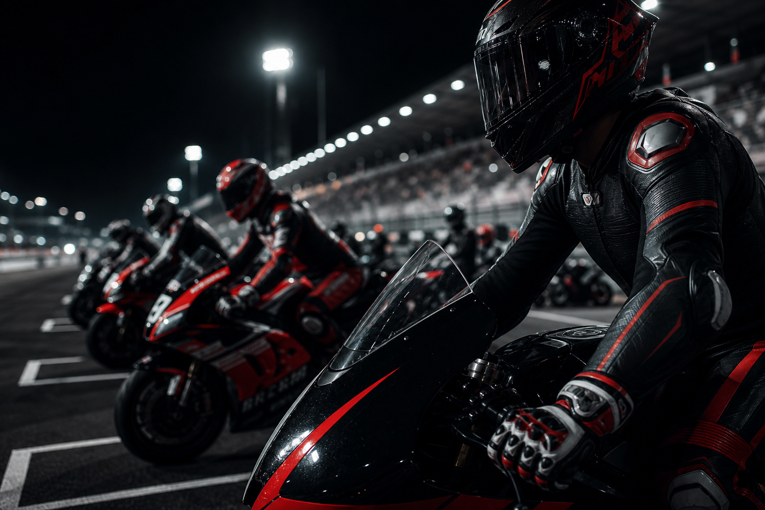 Moody MotoGP grid scene under floodlights with bikes lined up and a focused rider in the foreground