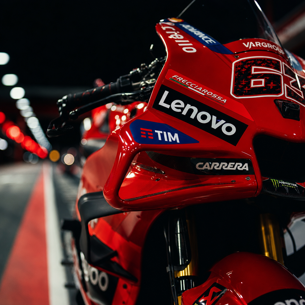 Close-up of a red MotoGP bike fairing with sponsor decals and blurred pit lane lights