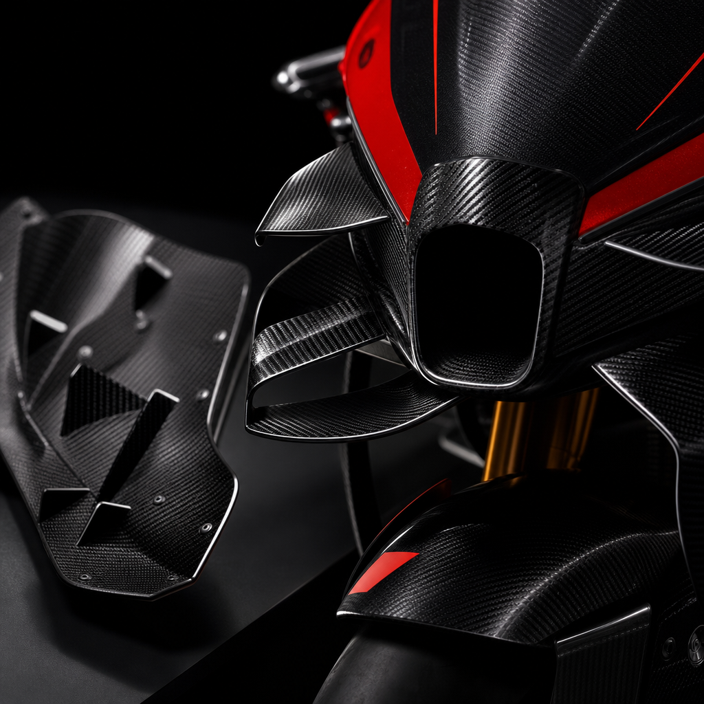 Studio-style shot of MotoGP front winglets with dramatic side lighting