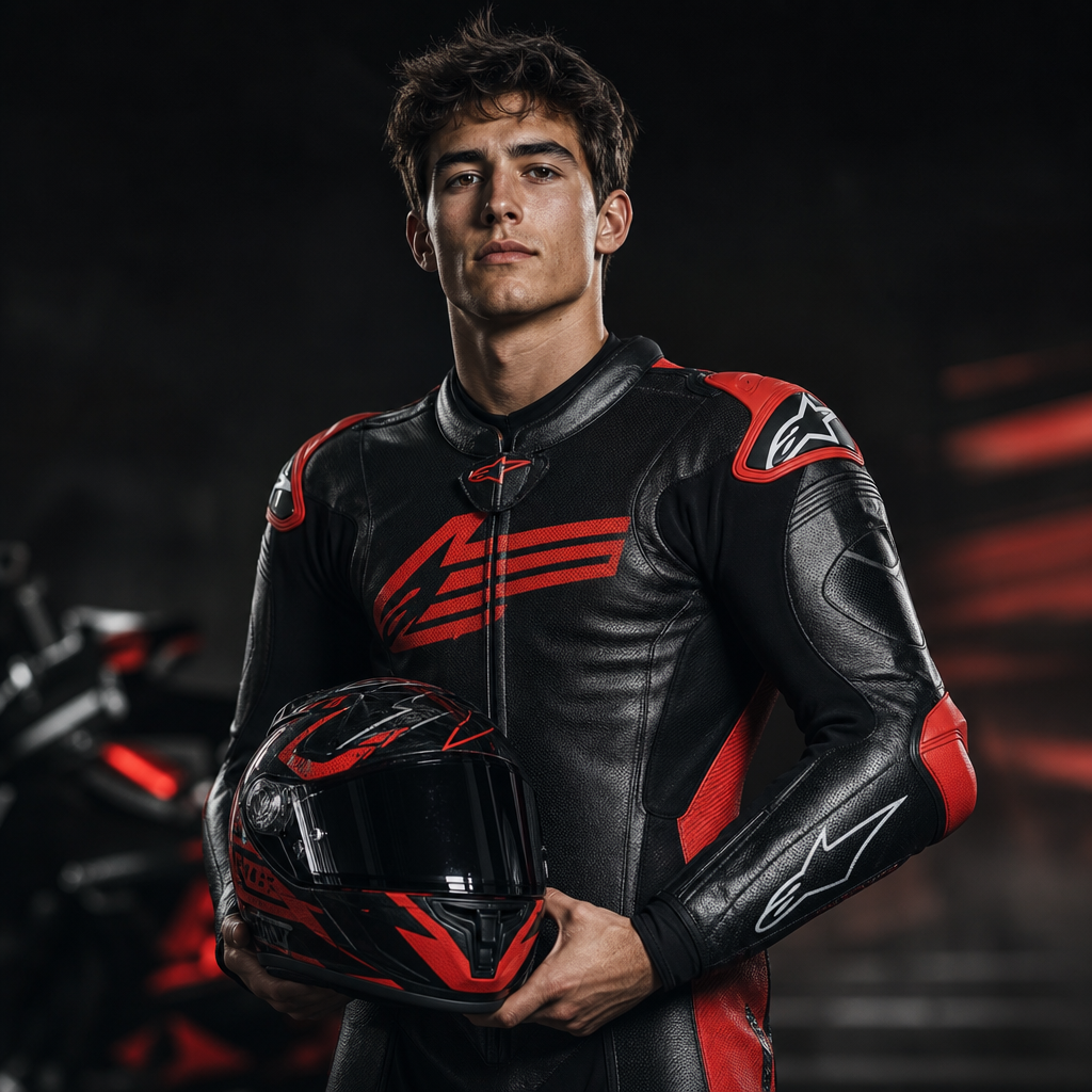 Portrait of a MotoGP rider in a leather suit holding a helmet, background softly blurred
