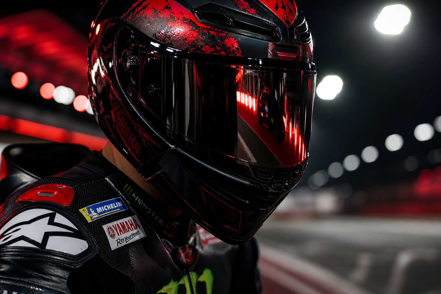 Close-up of a MotoGP rider in dark leathers under track lights, visor reflecting red highlights
