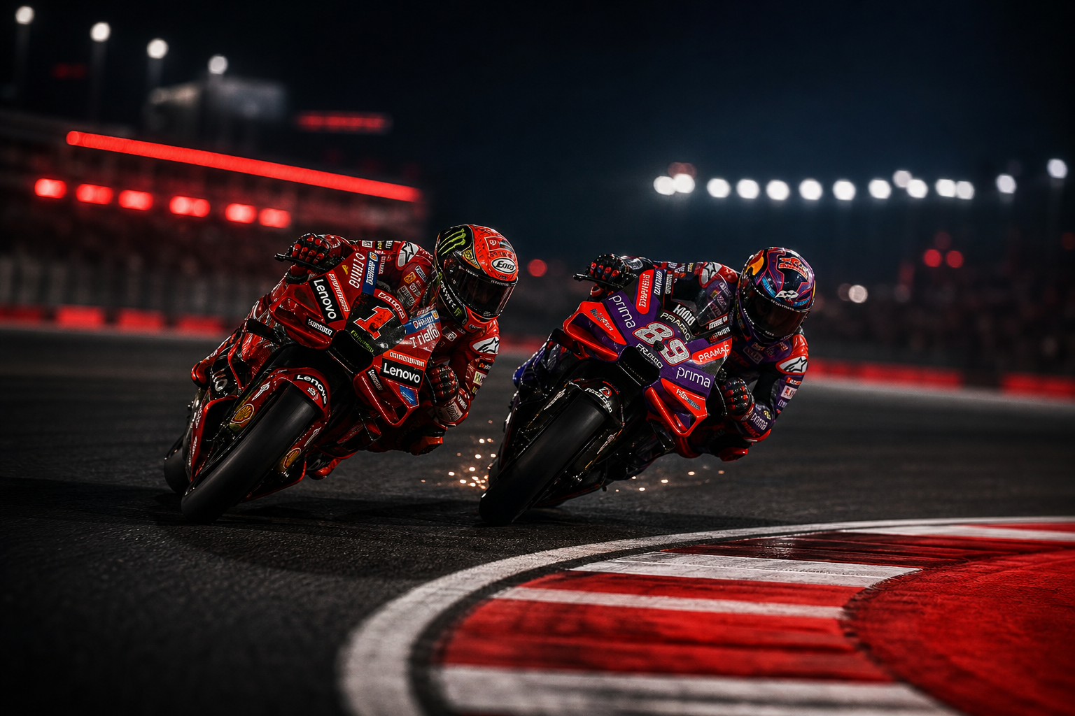 Slow-motion MotoGP duel under floodlights