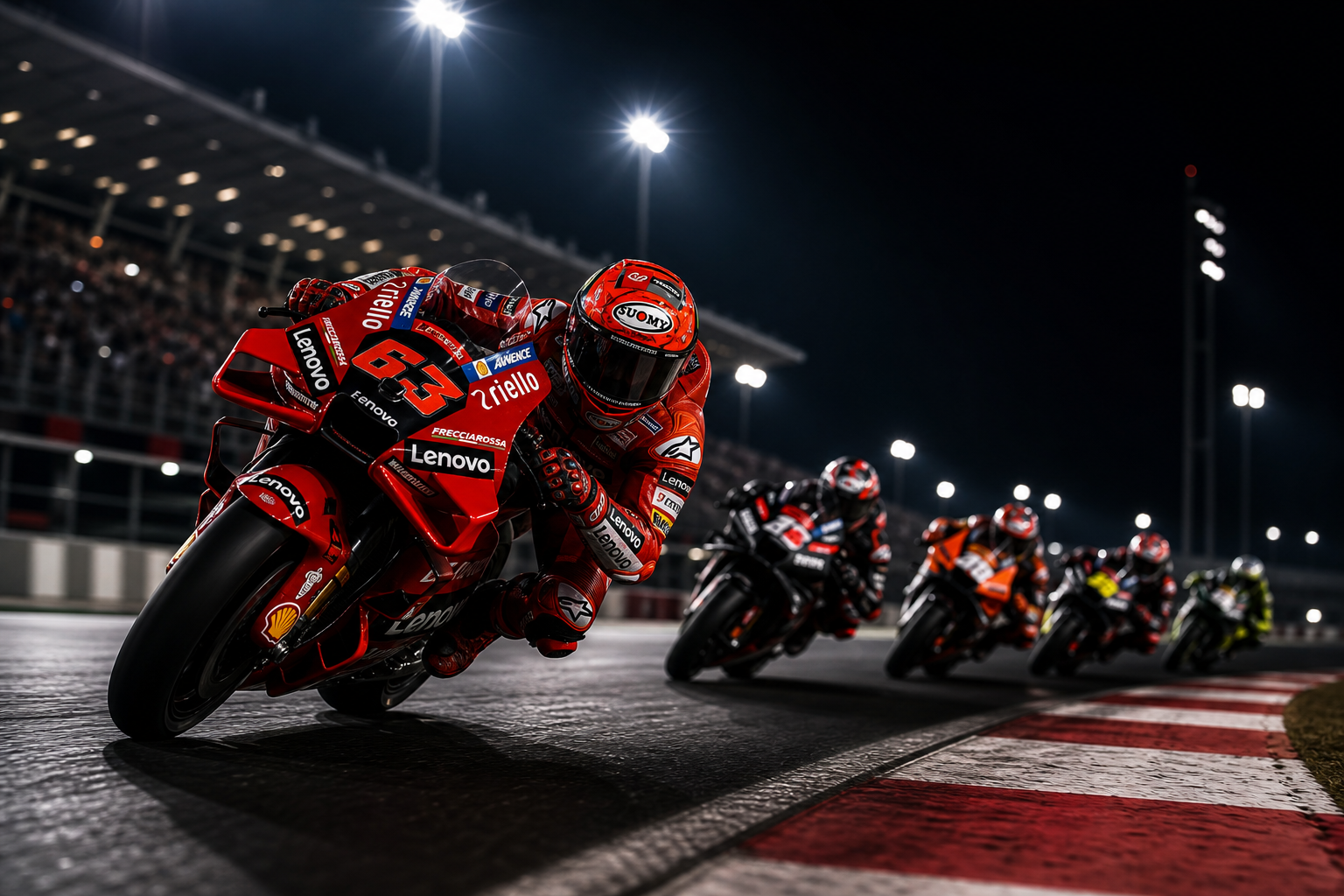 Night-time MotoGP sprint race with a leading red bike leaning into a floodlit corner