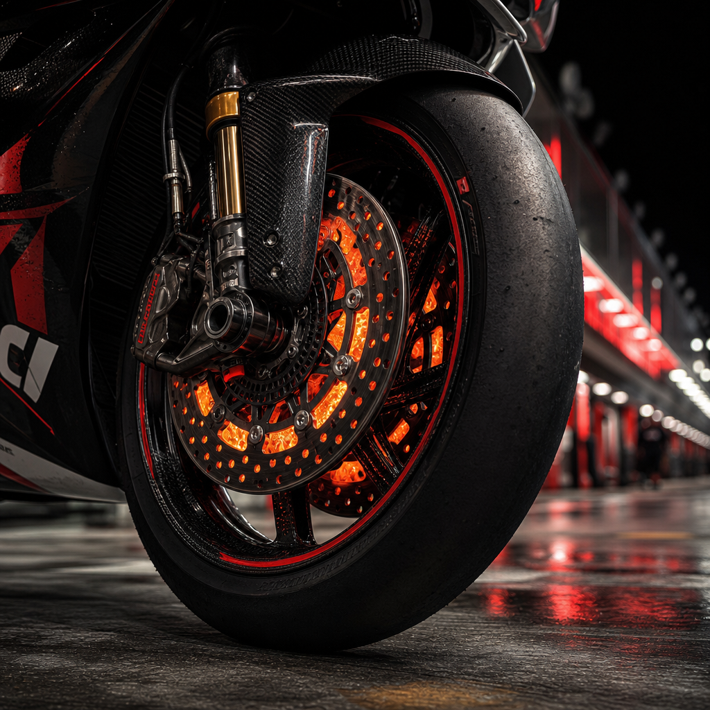 Close-up of a MotoGP front tire with carbon brake disc glowing