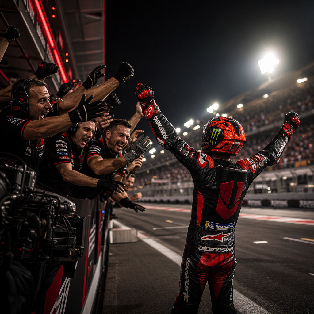 Rider celebrating on pit wall with team crew under floodlights